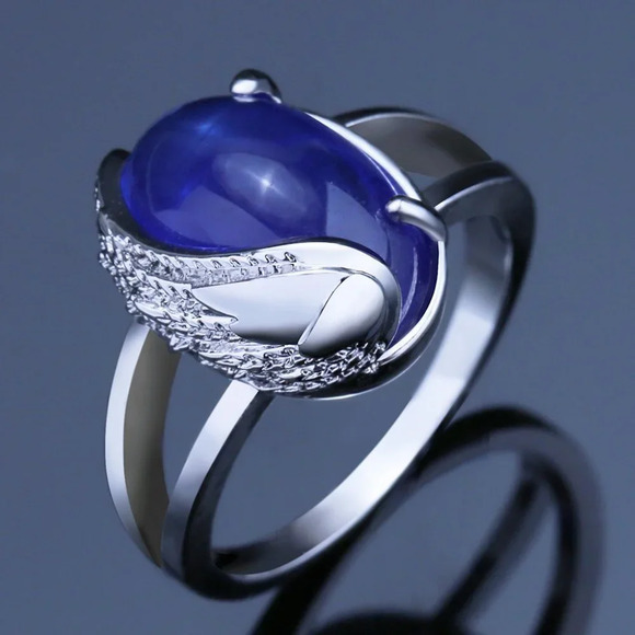 Dainty Angel Wings Oval Royal Blue Gemstone Silver Angel Wings Ring, VIP566 - Picture 1 of 6